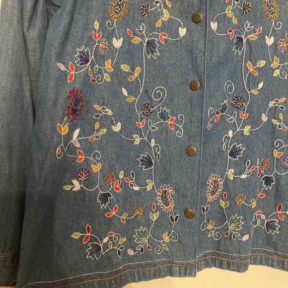 Women's Embroidered Denim Cortagecore Long Sleeve Shirt Floral Boho Y2K Chambray - Picture 3 of 13